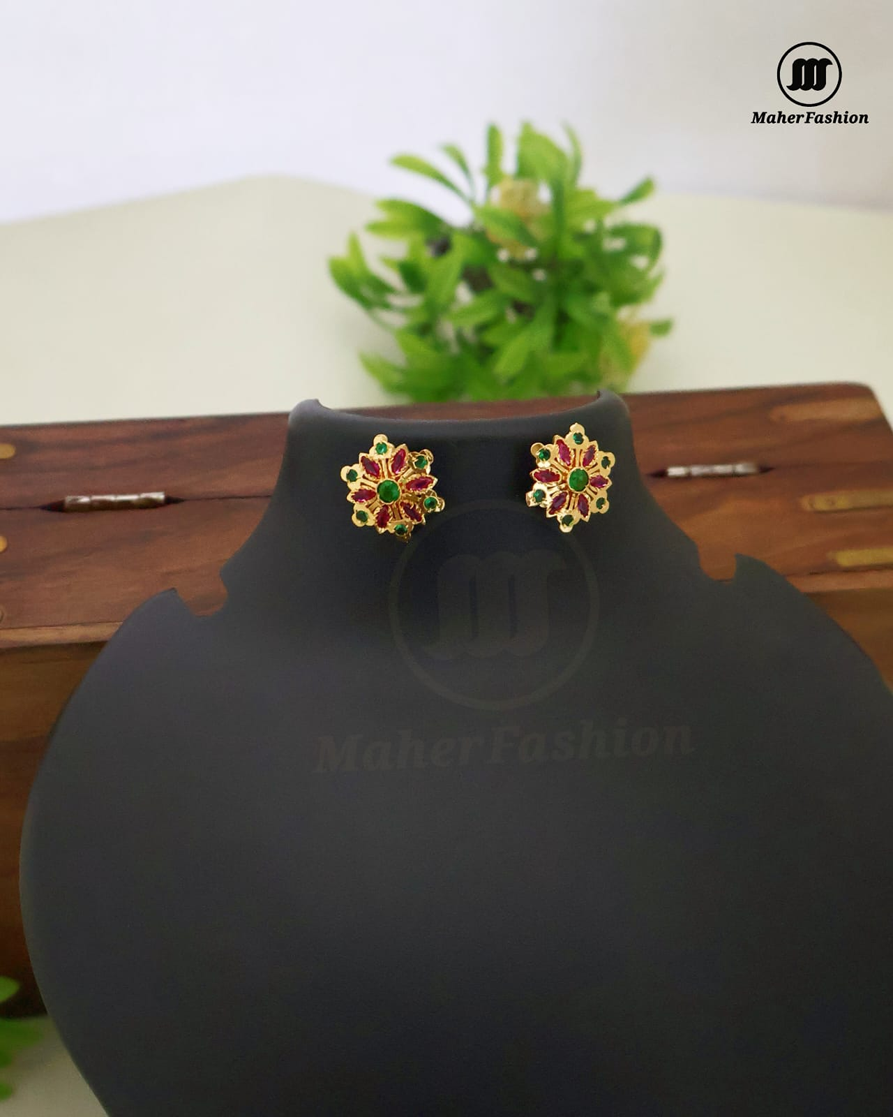  Red & Green Stone Delight Golden Earrings